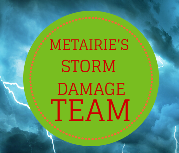 Graphic of lightning with "Metairie's storm damage team" written on top of it